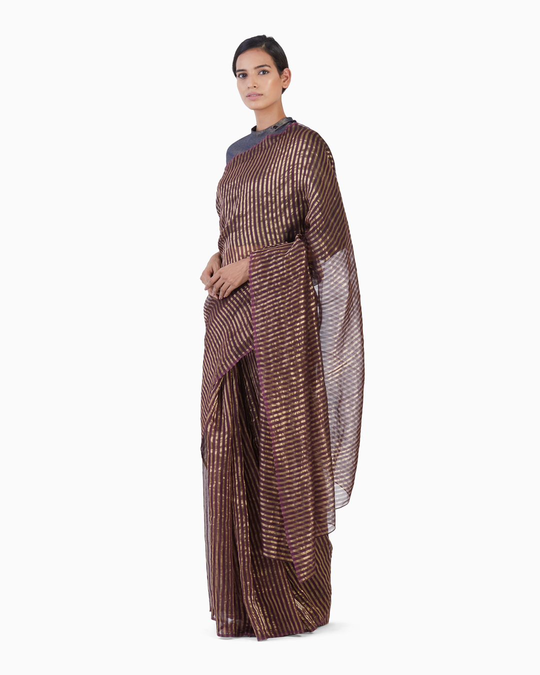 Handwoven Burgundy Gold Striped Silk Zari Saree