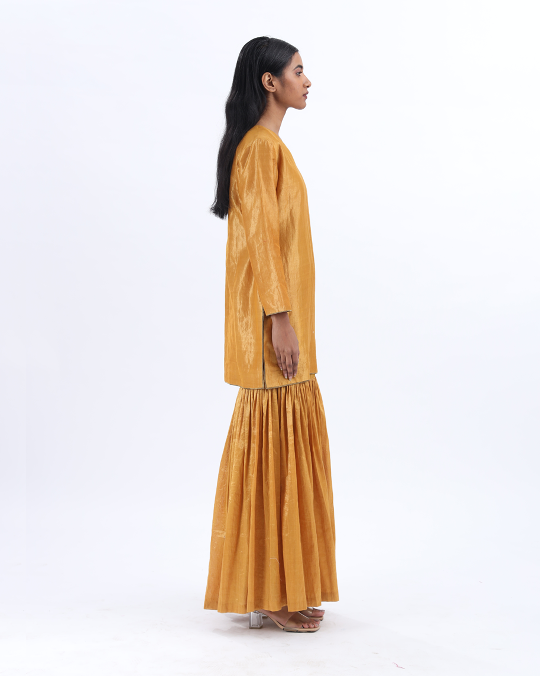 Handwoven Mustard Silk Zari Sharara Set With Silk Metallic Stripe Dupatta