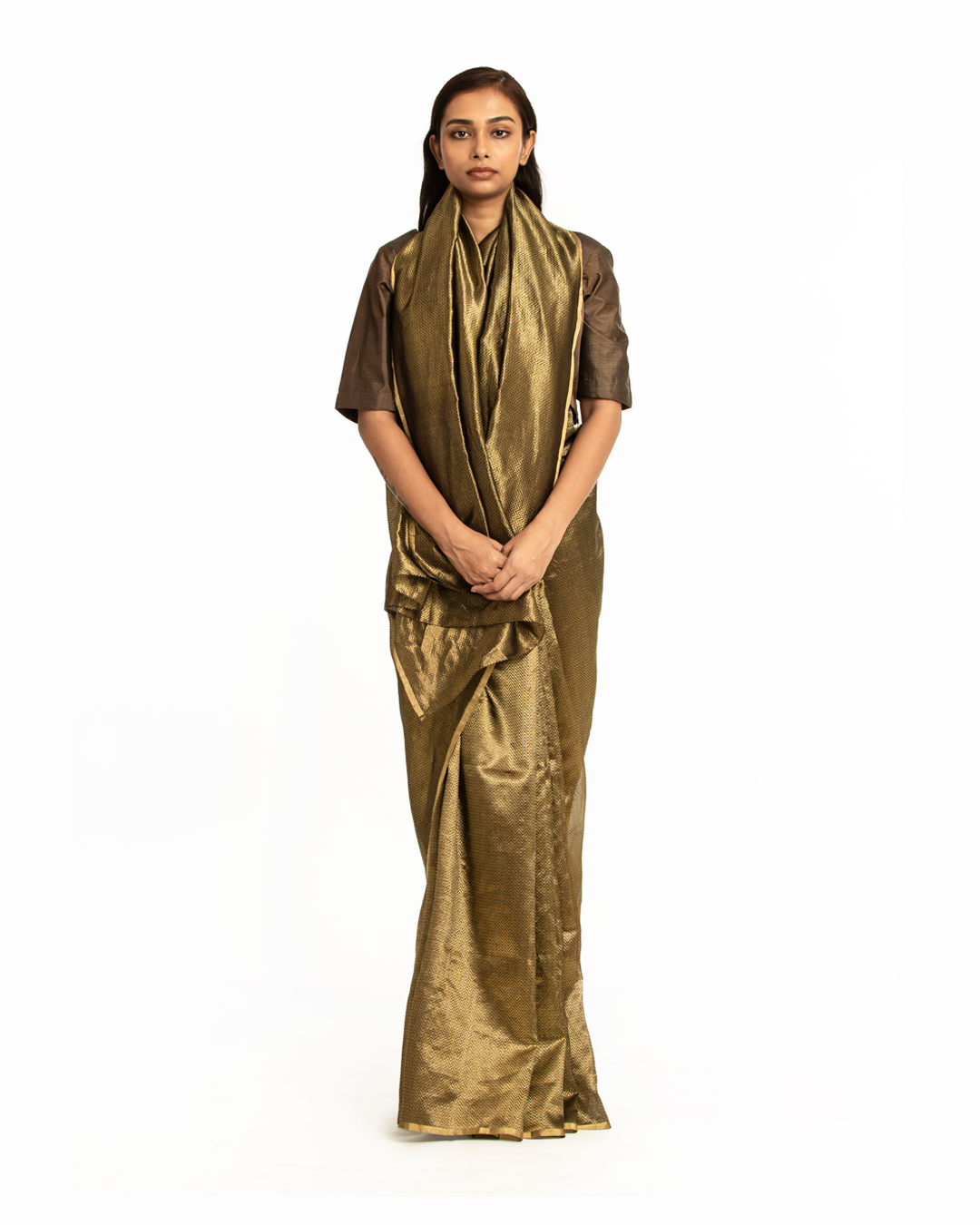 Handwoven Black Gold Metallic Chevron Saree