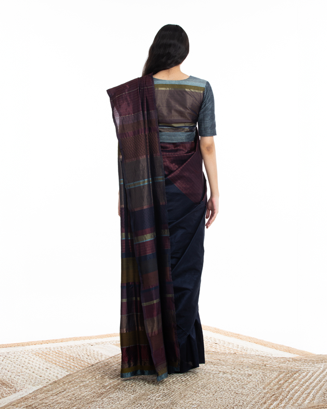 Handwoven Blue Maroon Engineered Silk Saree