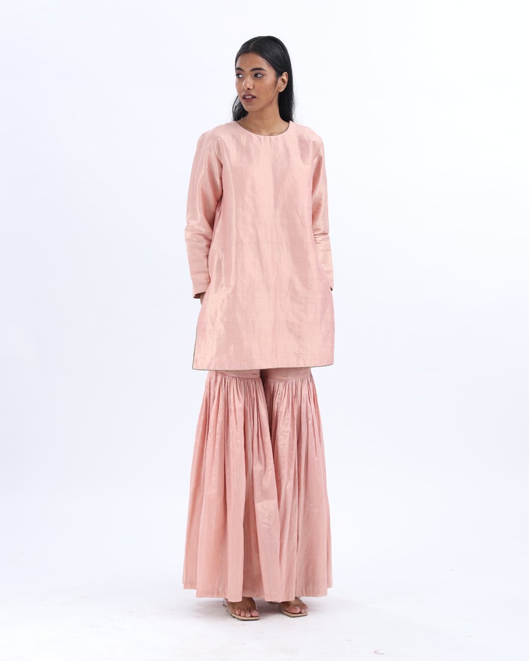 Handwoven Pink Silk Sharara Set With Emboidered Dupatta