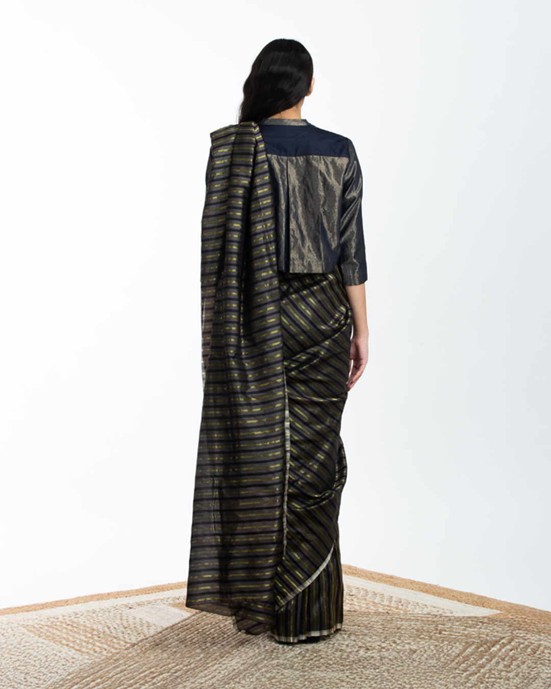 Handwoven Black Brown Gold Striped Silk Sareee
