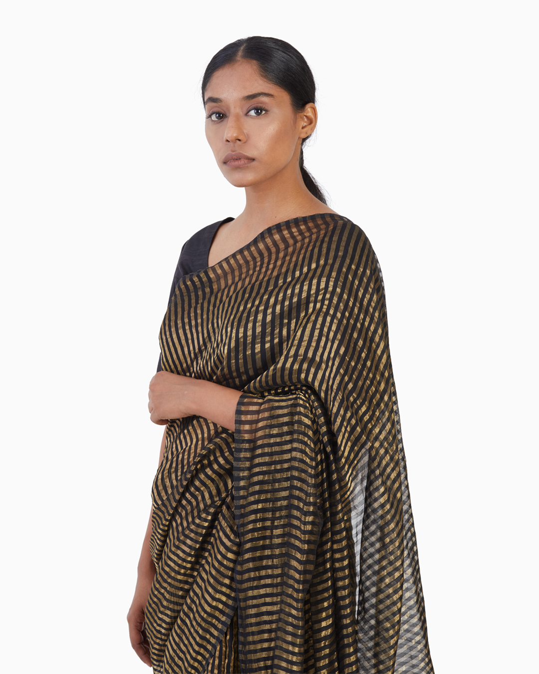 Handwoven Black Gold Striped Silk Zari Saree