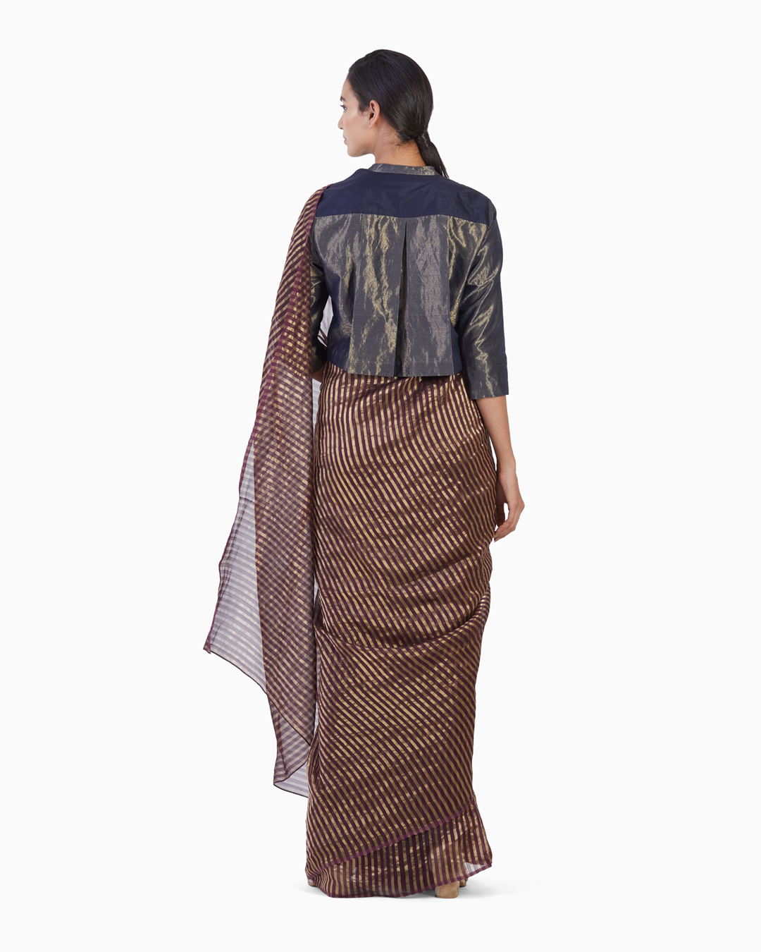 Handwoven Burgundy Gold Striped Silk Zari Saree