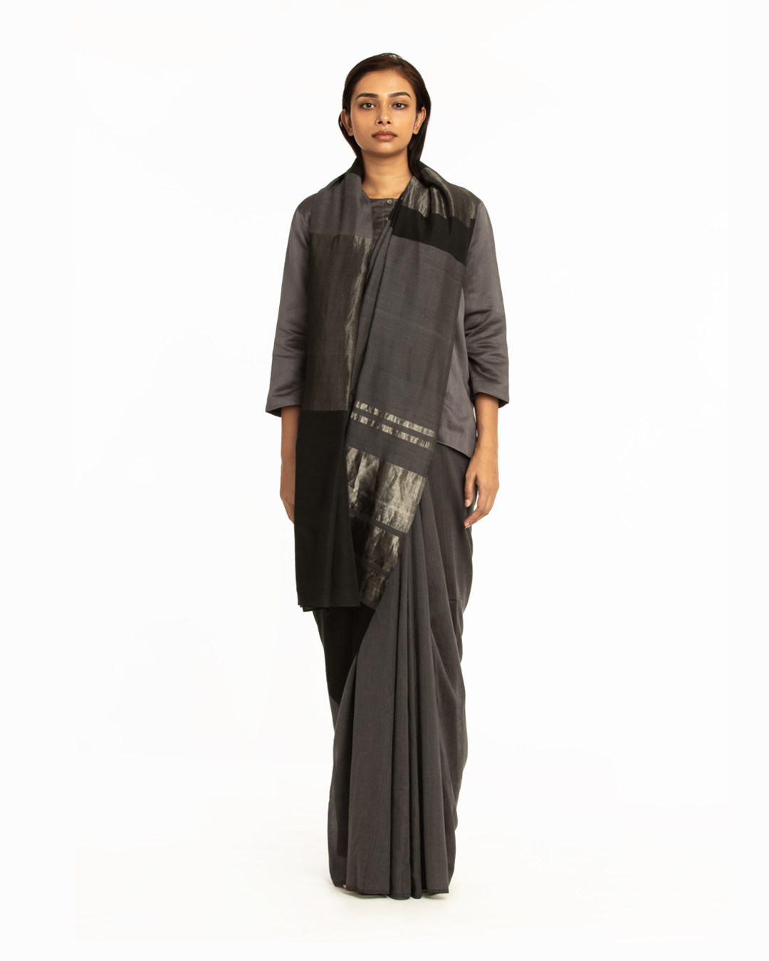 Handwovem Grey Black Engineered Cotton Saree