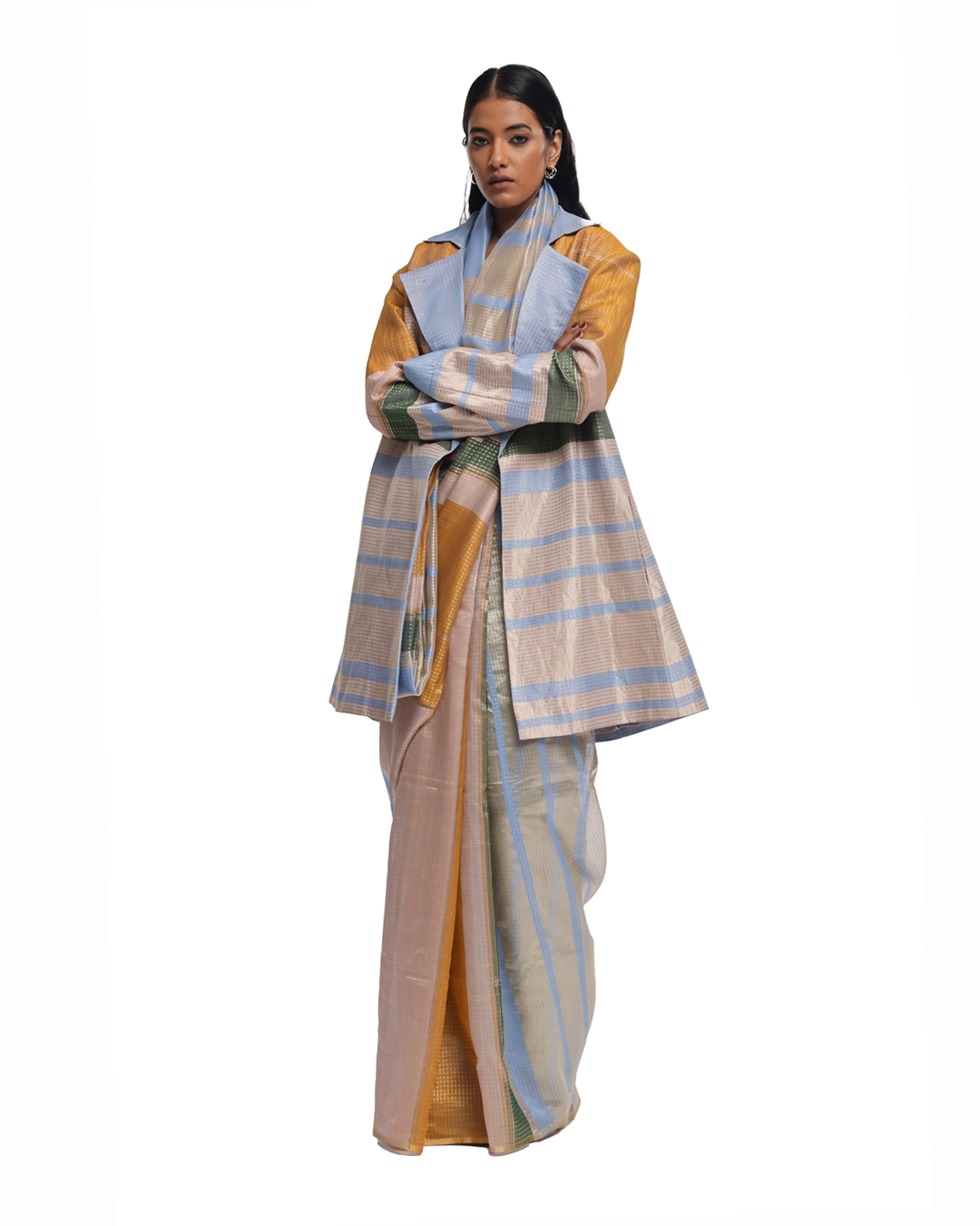Handwoven liquid molten textured metallic engineered stripe saree