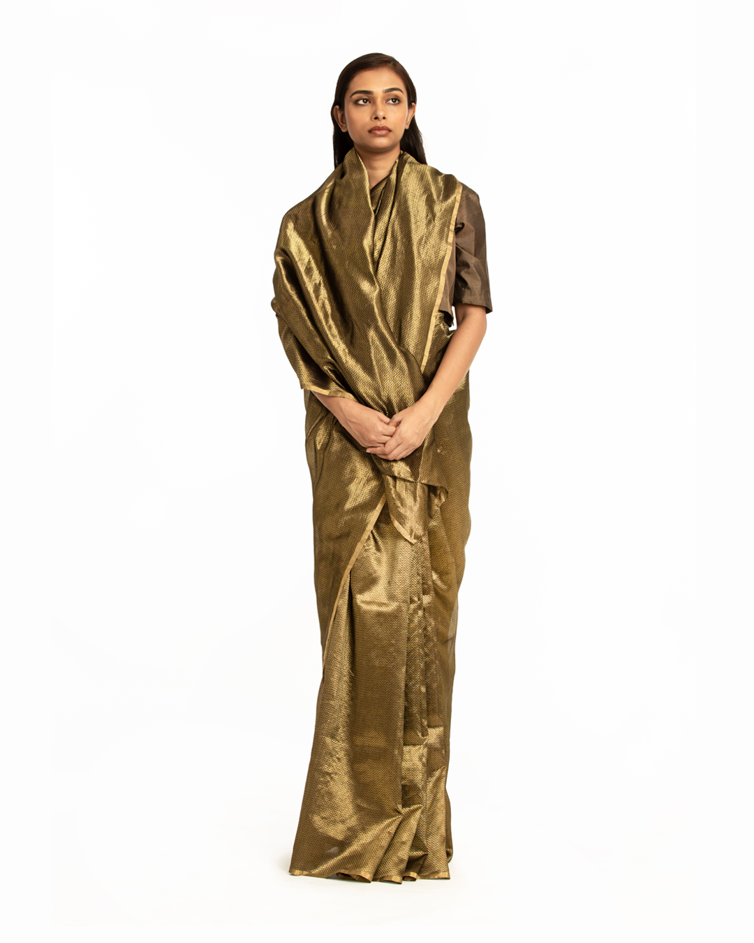 Handwoven Black Gold Metallic Chevron Saree