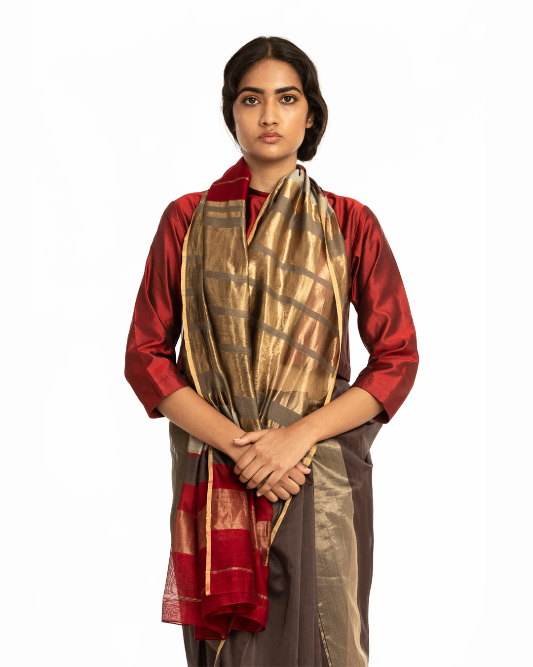 Handwoven Brown Red Gold Engineered Saree
