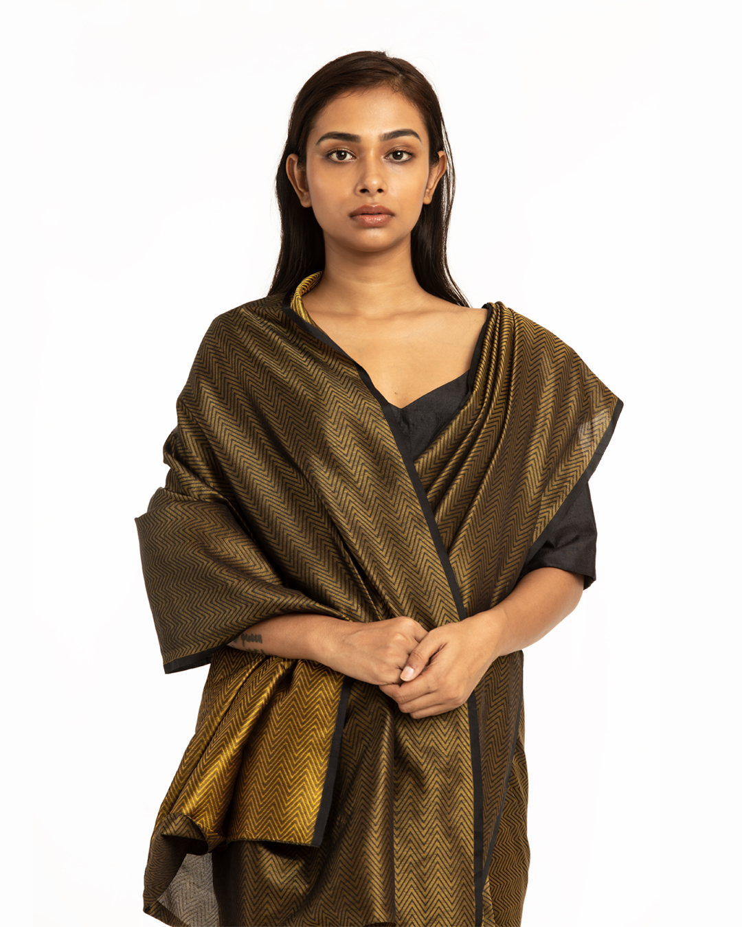 Handwoven Gold Black Chevron Silk Saree