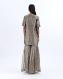 Handwoven Grey Silk Zari Sharara Set With Silk Metallic Stripe Dupatta