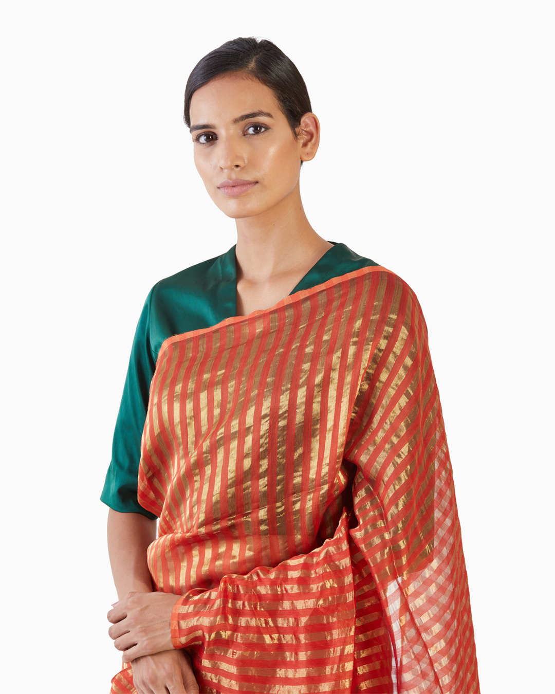 Handwoven Orange Gold Striped Silk Zari Saree