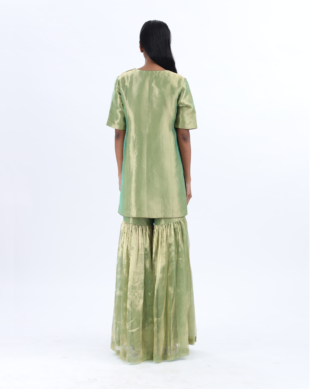 Handwoven Silk Zari Sharara Set With Silk Metallic Stripe Dupatta