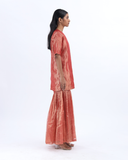 Handwoven Red Silk Zari Sharara Set With Silk Metallic Stripe Dupatta