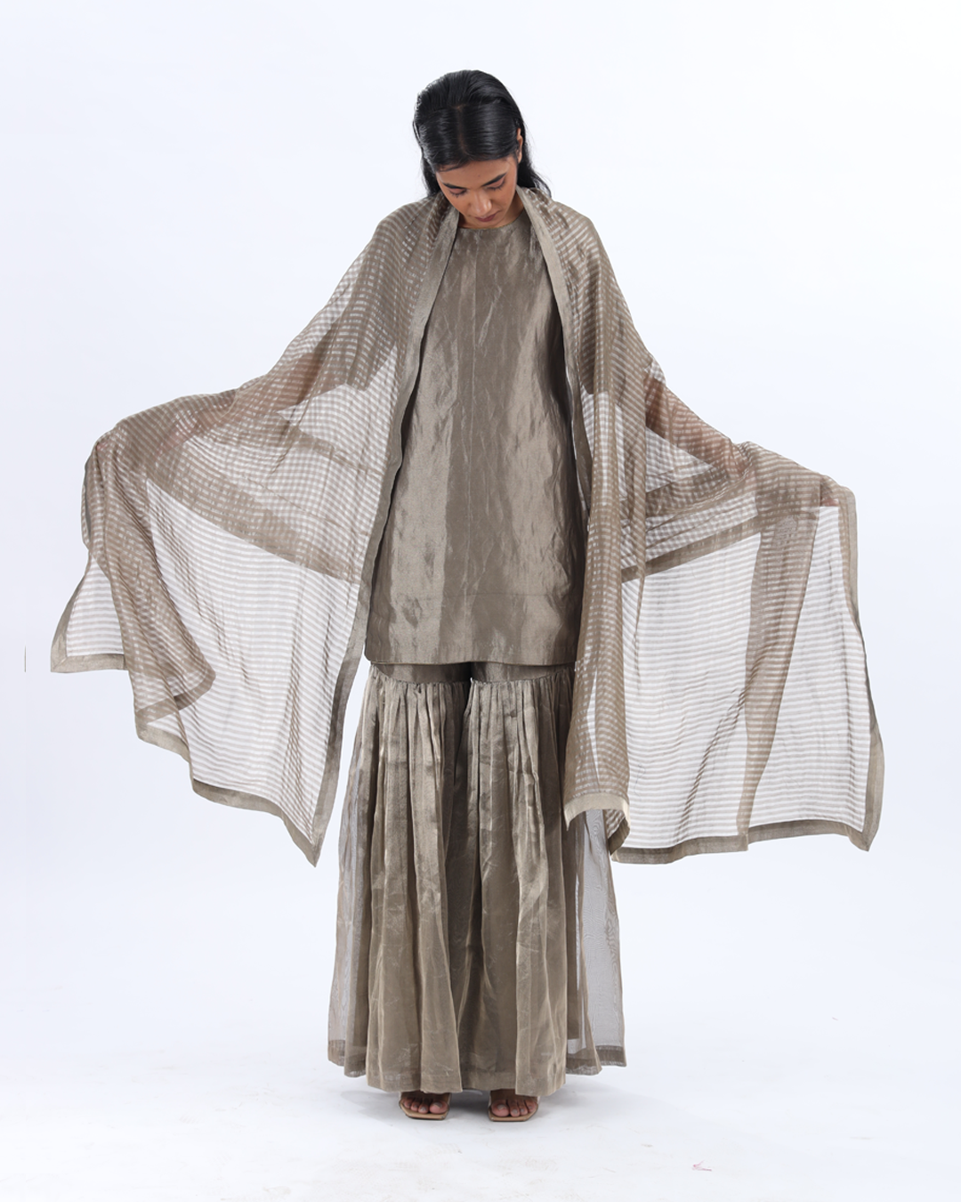 Handwoven Grey Silk Zari Sharara Set With Silk Metallic Stripe Dupatta