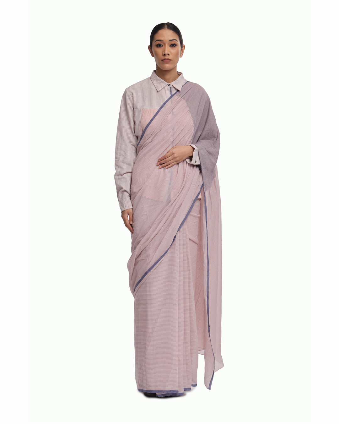 Handwoven Pink Cotton Kinji Palla Striped Saree
