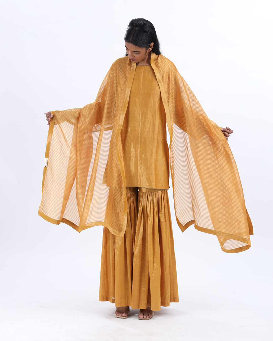 Handwoven Mustard Silk Zari Sharara Set With Silk Metallic Stripe Dupatta