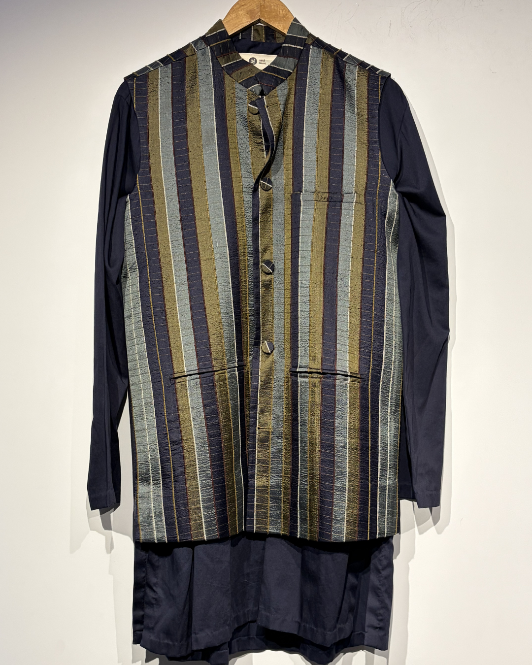 Handwoven silk Striped Waist Coat with Blue Cotton Kurta Set