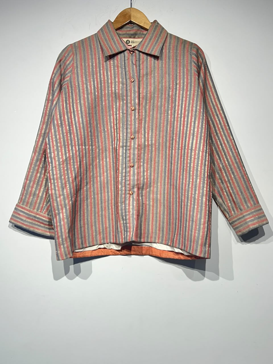Handwoven Pink Blue Linen Zari Long Sleeve Shirt