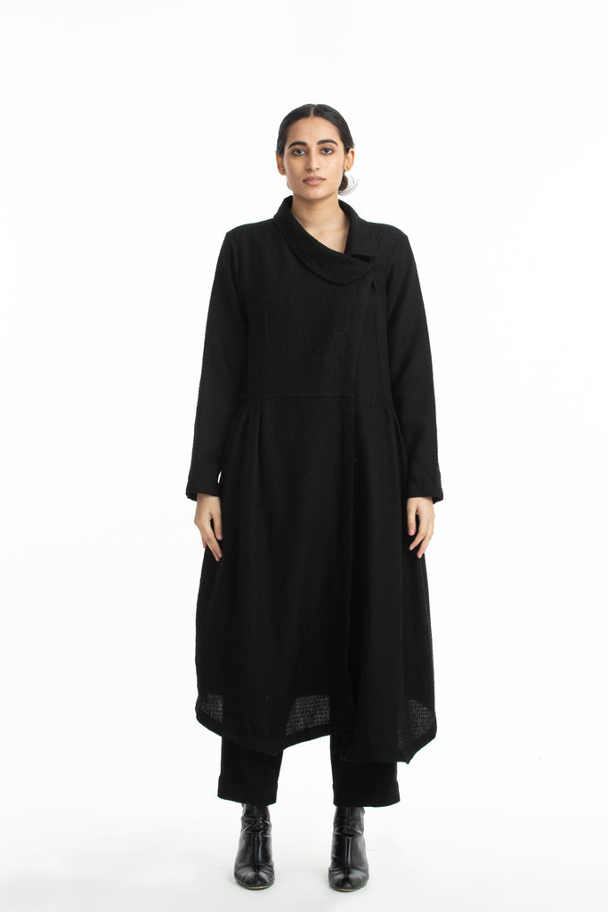 Handwoven Collared Side Gathered Black Merino Wool Coat