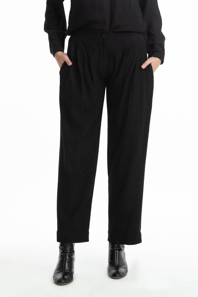 Handwoven Black Pintuck Panelled Trousers