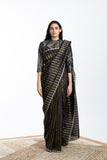 Handwoven Black Brown Gold Striped Silk Sareee