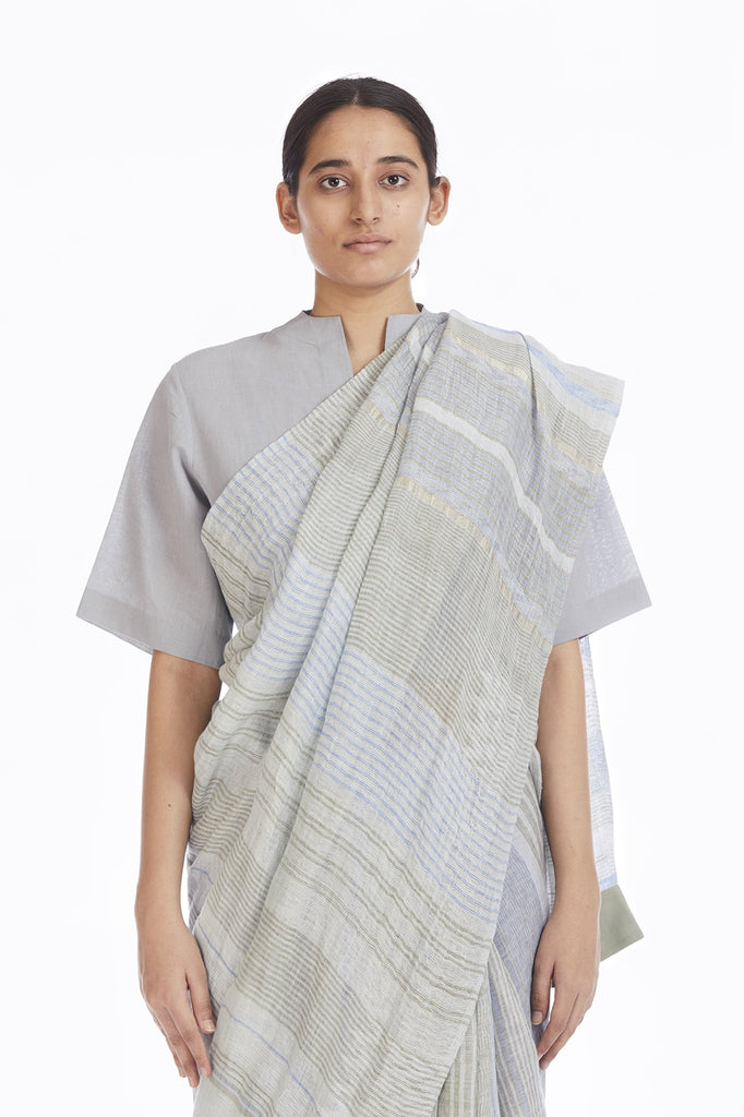 Handwoven Engineered Jaamdani Striped Linen Saree