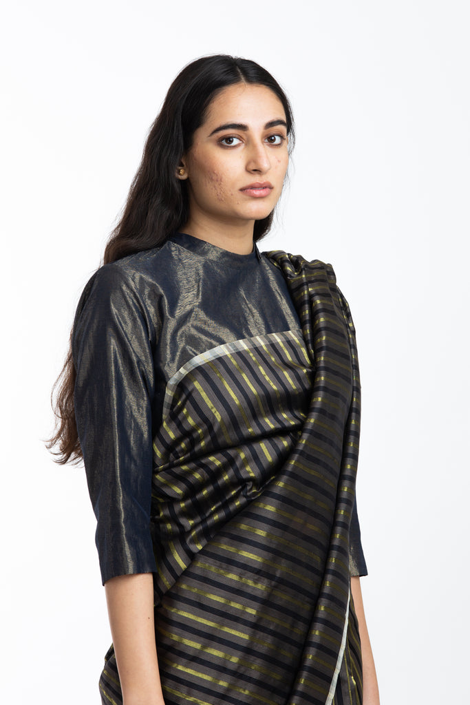 Handwoven Black Brown Gold Striped Silk Sareee
