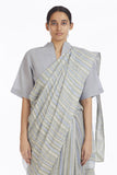 Handwoven Slate Green Beige Striped Linen Saree