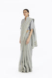 Handwoven Slate Green Beige Striped Linen Saree