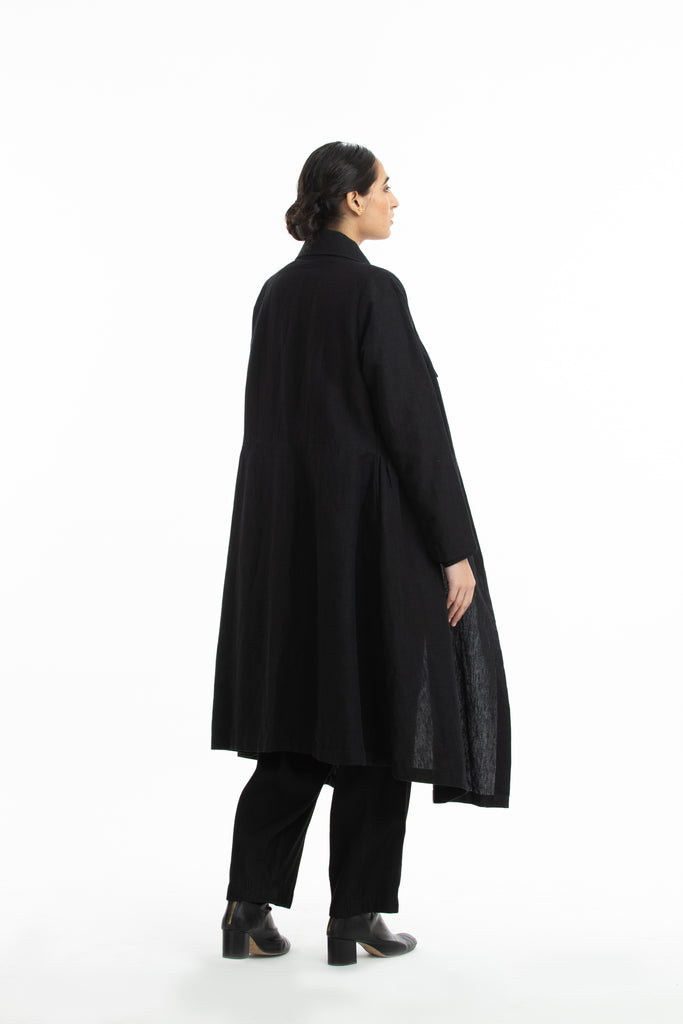 Handwoven Side Gathered Black Long Jacket