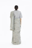 Handwoven Slate Green Beige Striped Linen Saree