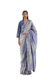 Handwoven Silk Metallic Silver Blue Crack Saree