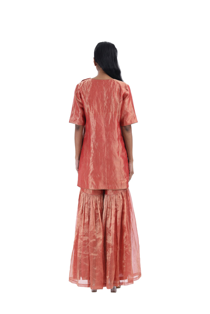 Handwoven Red Silk Zari Sharara Set With Silk Metallic Stripe Dupatta