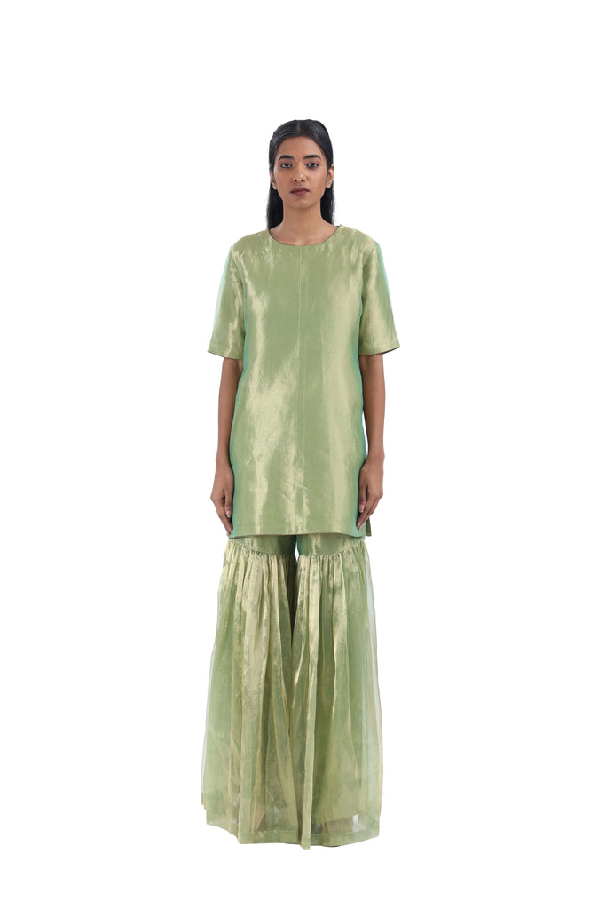 Handwoven Silk Zari Sharara Set With Silk Metallic Stripe Dupatta