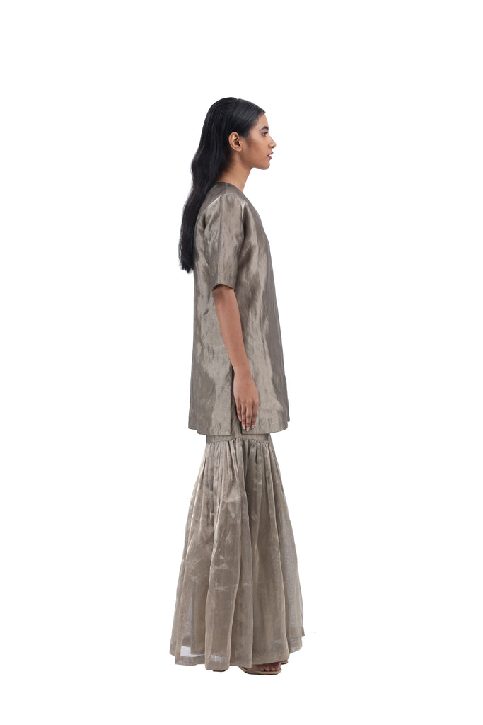 Handwoven Grey Silk Zari Sharara Set With Silk Metallic Stripe Dupatta