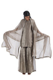 Handwoven Grey Silk Zari Sharara Set With Silk Metallic Stripe Dupatta