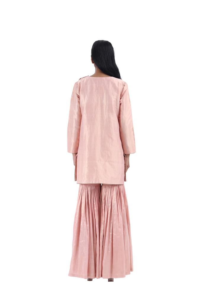 Handwoven Pink Silk Sharara Set With Emboidered Dupatta