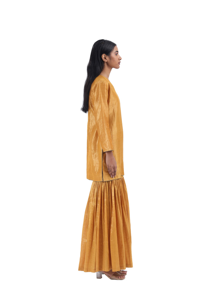 Handwoven Mustard Silk Zari Sharara Set With Silk Metallic Stripe Dupatta