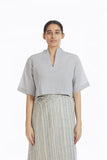 Handwoven Slate Green Beige Striped Linen Saree
