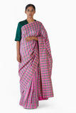 Handwoven Pink Green Striped Silk Saree