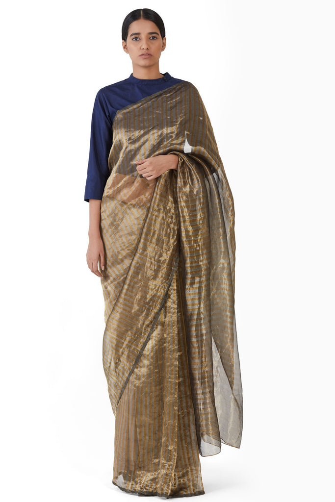 Handwoven Silver Gold Striped Saree