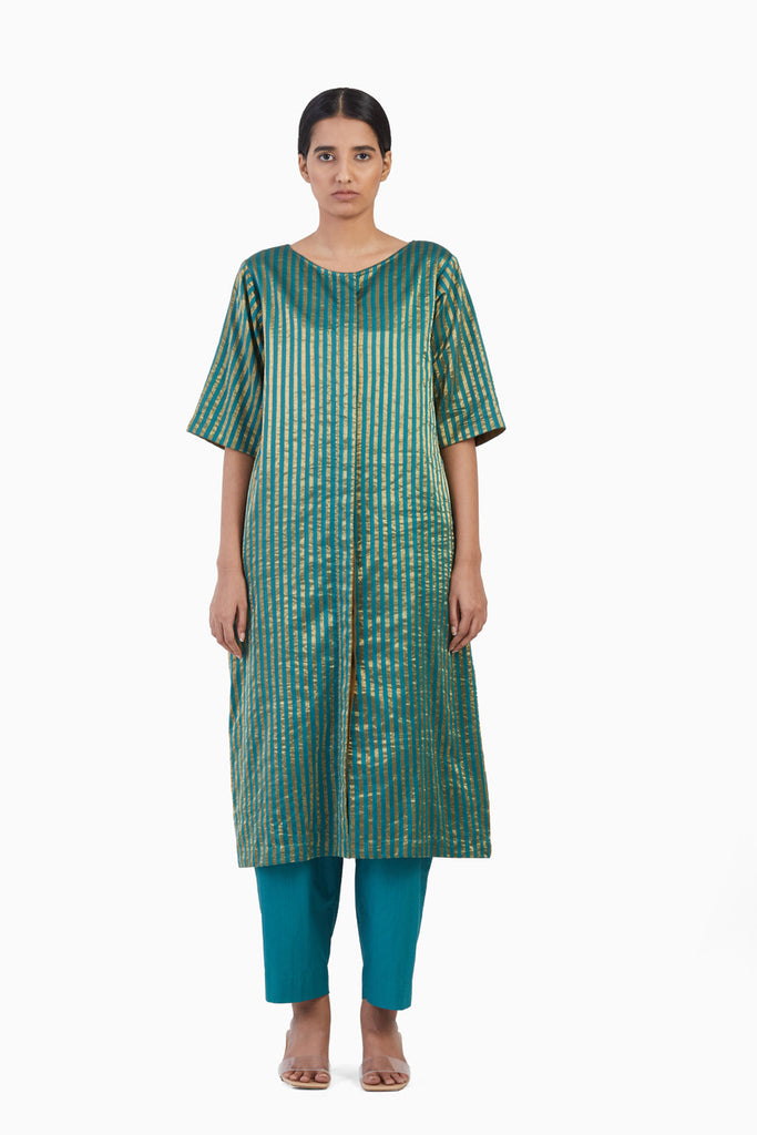 Handwoven Teal Gold Striped Buttoned Placket Tunic