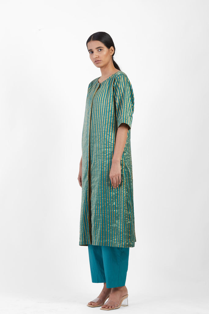 Handwoven Teal Gold Striped Buttoned Placket Tunic