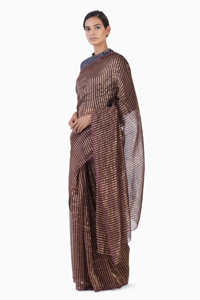 Handwoven Purple Gold Striped Silk Zari Saree