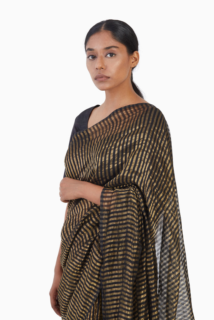 Handwoven Black Gold Striped Silk Zari Saree