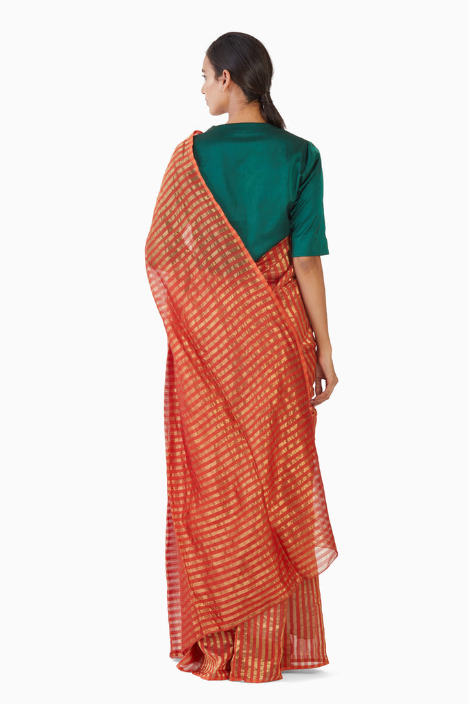 Handwoven Orange Gold Striped Silk Zari Saree