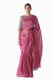 Handwoven Pink Silver Striped Saree
