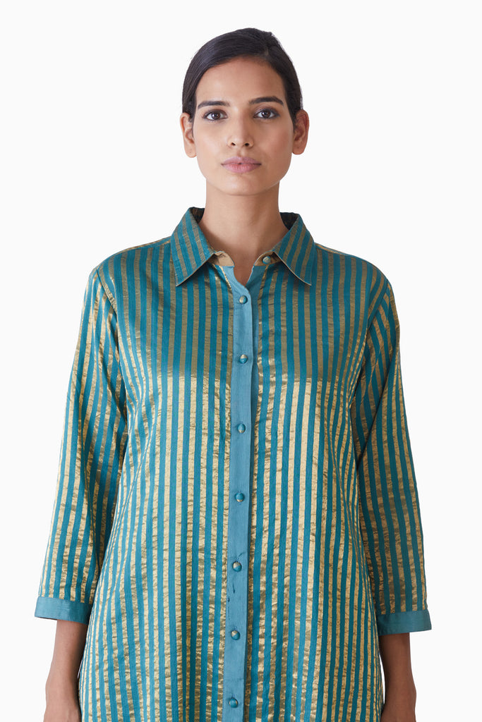 Handwoven Teal Gold Striped Collared Tunic