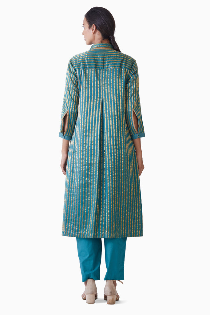 Handwoven Teal Gold Striped Collared Tunic