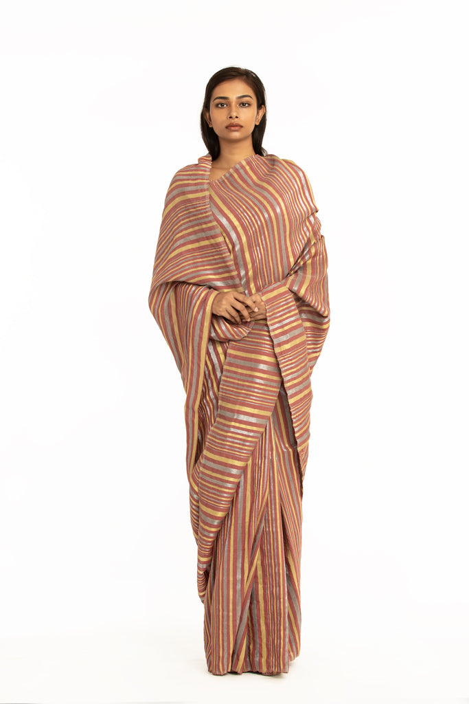 Handwoven Striped Linen Zari Cotton Silk Dustyred Saree